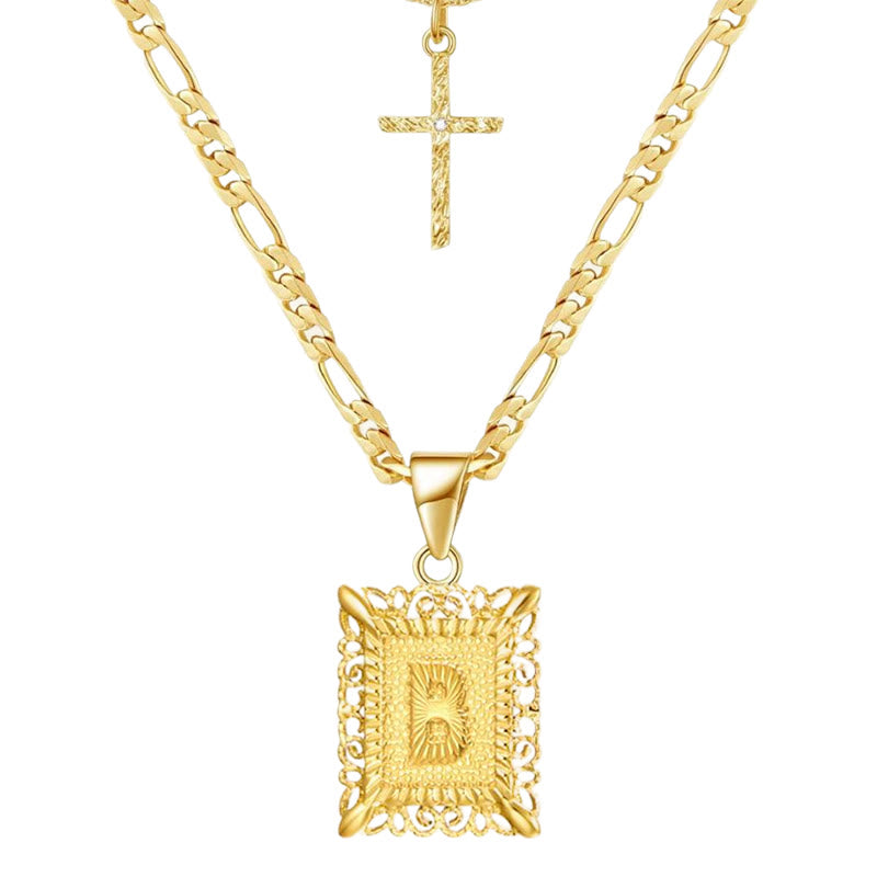 Goldene quadratische Buchstaben- und Kreuz-Halskette mit Doppelkette - B - image 4