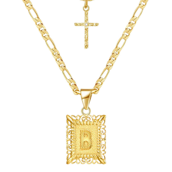 Goldene quadratische Buchstaben- und Kreuz-Halskette mit Doppelkette - B - image 4