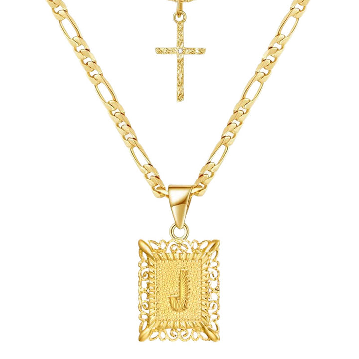 Goldene quadratische Buchstaben- und Kreuz-Halskette mit Doppelkette - J - image 12