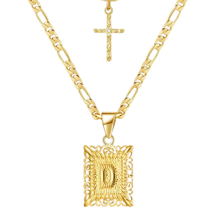 Goldene quadratische Buchstaben- und Kreuz-Halskette mit Doppelkette - D - image 6