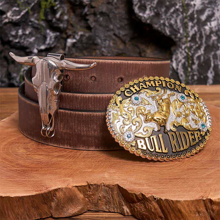 Goldene DIY Bull Rider Gürtelschnalle Longhorn Bull Anhänger Bundle Set - Bullenreiter - Brauner Distressed-Gürtel - 42 - image 5
