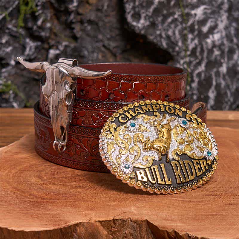 Goldene DIY Bull Rider Gürtelschnalle Longhorn Bull Anhänger Bundle Set - Bullenreiter - Brauner geschnitzter Gürtel - 42 - image 6
