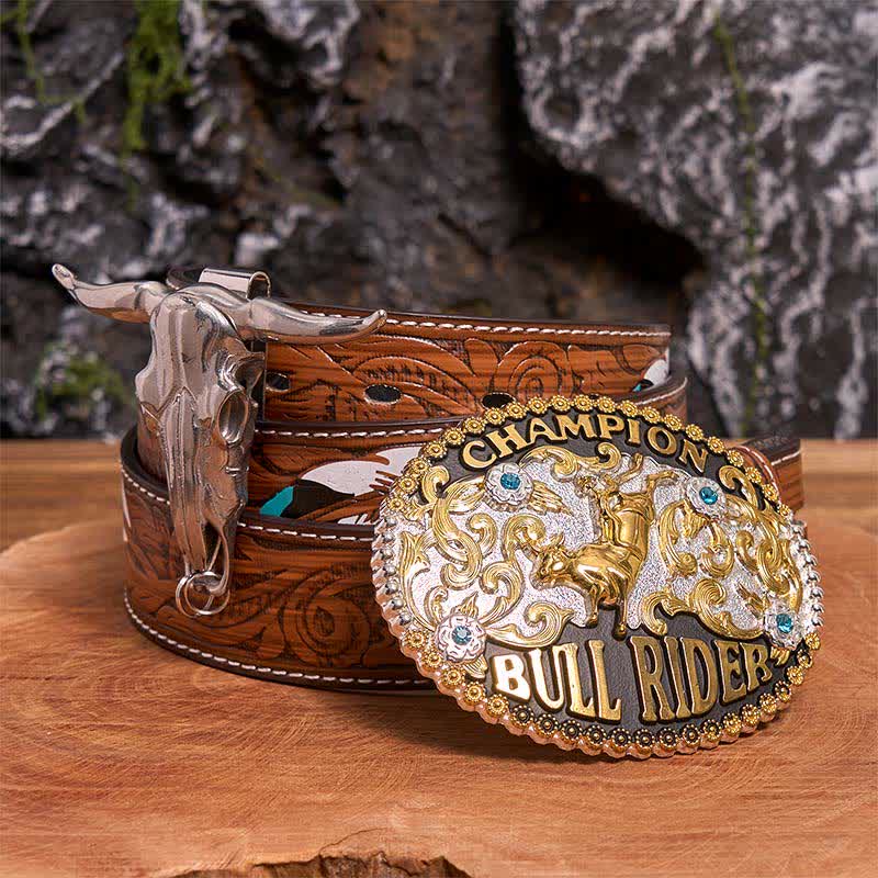 Goldene DIY Bull Rider Gürtelschnalle Longhorn Bull Anhänger Bundle Set - Bullenreiter - Brauner Federgürtel - 40 - image 7