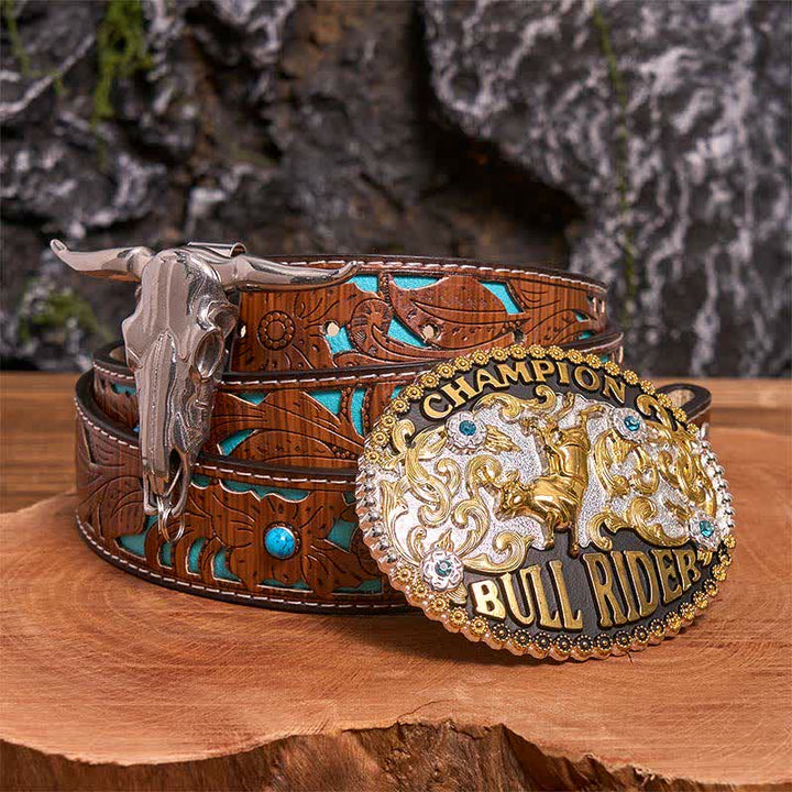 Goldene DIY Bull Rider Gürtelschnalle Longhorn Bull Anhänger Bundle Set - Bullenreiter - Türkisfarbener geschnitzter Gürtel - 42 - image 0