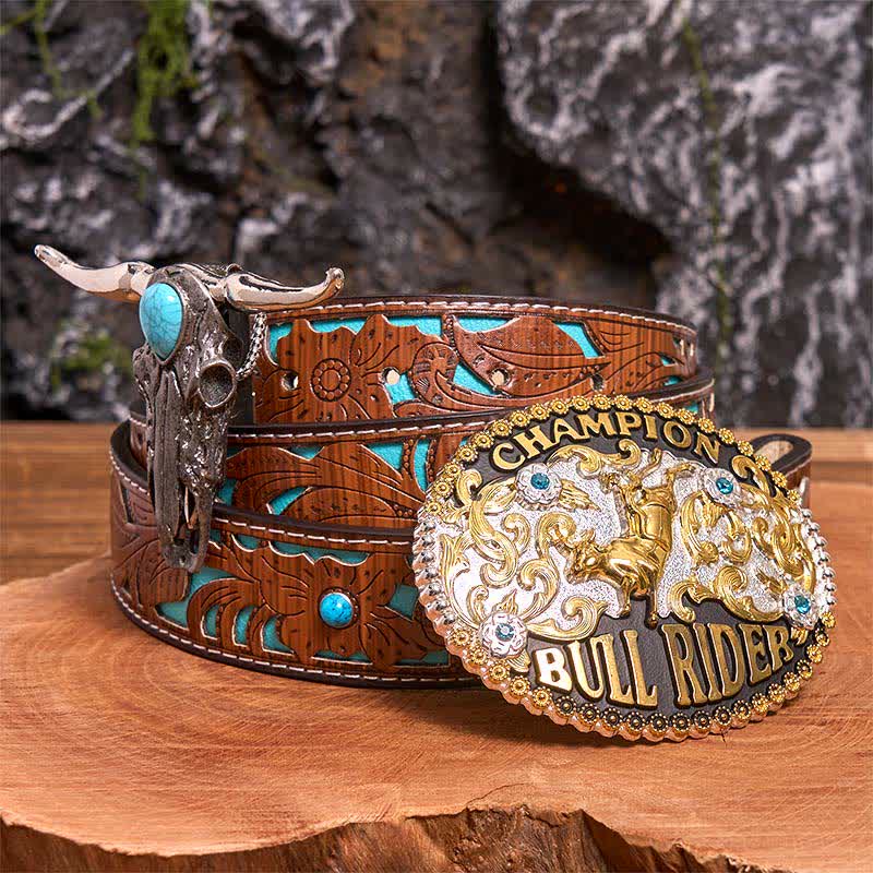 Bull Rider DIY Gürtelschnalle Türkis Longhorn Bull Anhänger Bundle Set - Bullenreiter - Türkisfarbener geschnitzter Gürtel - 42 - image 0