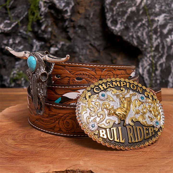Bull Rider DIY Gürtelschnalle Türkis Longhorn Bull Anhänger Bundle Set - Bullenreiter - Brauner Federgürtel - 40 - image 7