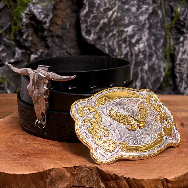 Gold Flying Eagle DIY Gürtelschnalle Longhorn Bull Anhänger Bundle Set - Fliegender Adler - Schwarzer Gürtel mit geprägtem Adler - 42 - image 0