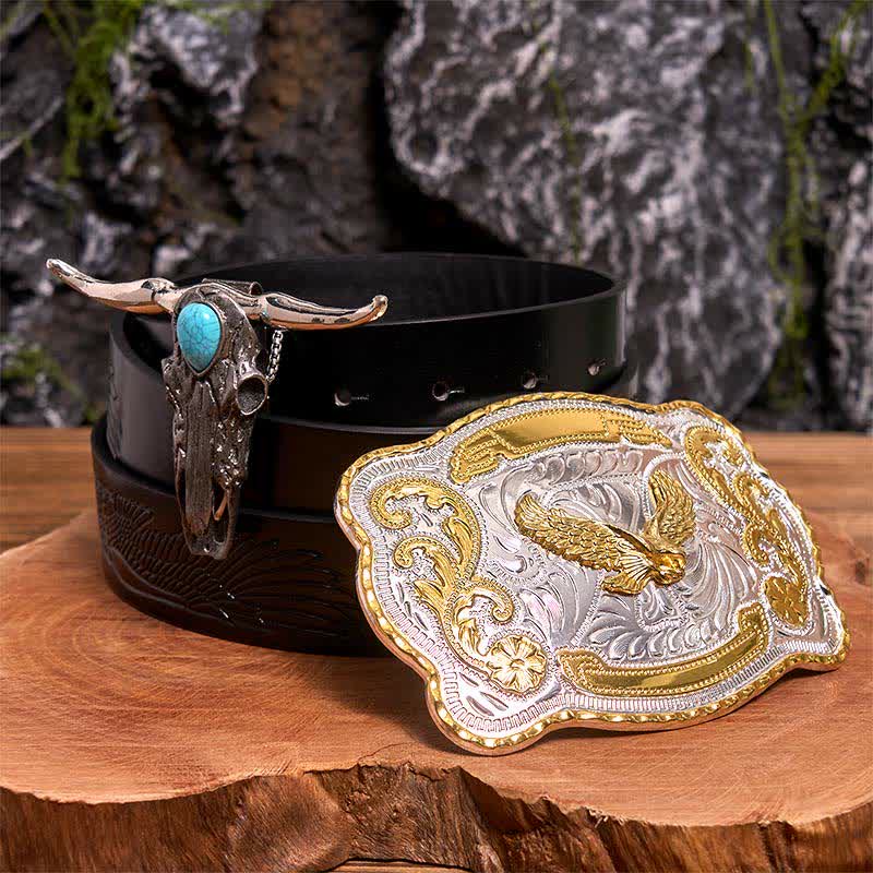 Gold Adler DIY Gürtelschnalle Türkis Longhorn Bull Anhänger Bundle Set - Fliegender Adler - Schwarzer Gürtel mit geprägtem Adler - 42 - image 0