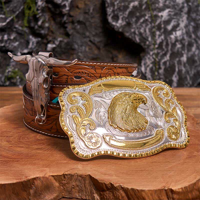 Gold Adlerkopf DIY Gürtelschnalle Longhorn Bull Anhänger Bundle Set - Adlerkopf - Brauner Federgürtel - 40 - image 7