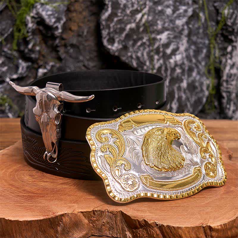 Gold Adlerkopf DIY Gürtelschnalle Longhorn Bull Anhänger Bundle Set - Adlerkopf - Schwarzer Gürtel mit geprägtem Adler - 42 - image 0