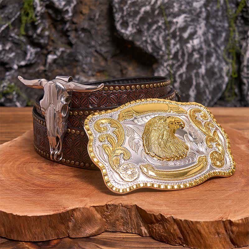Gold Adlerkopf DIY Gürtelschnalle Longhorn Bull Anhänger Bundle Set - Adlerkopf - Brauner Nietengürtel - 42 - image 4