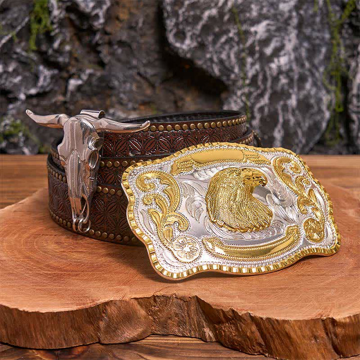 Gold Adlerkopf DIY Gürtelschnalle Longhorn Bull Anhänger Bundle Set - Adlerkopf - Brauner Nietengürtel - 42 - image 4
