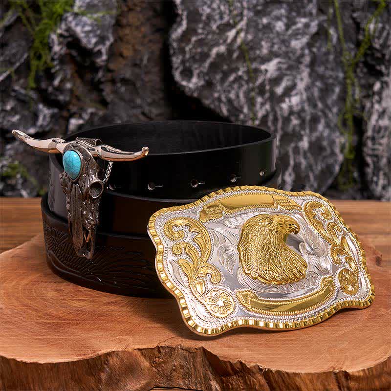 Adlerkopf DIY Gürtelschnalle Türkis Longhorn Bull Anhänger Bundle Set - Adlerkopf - Schwarzer Gürtel mit geprägtem Adler - 42 - image 0