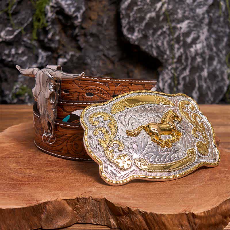Gold Pferd DIY Gürtelschnalle Longhorn Bull Anhänger Bundle Set - Pferd - Brauner Federgürtel - 40 - image 0