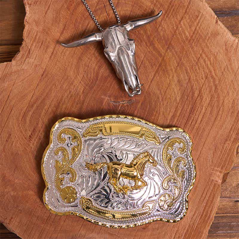 Gold Pferd DIY Gürtelschnalle Longhorn Bull Anhänger Bundle Set - Pferd - Ohne Gürtel - Gürtel nicht enthalten - image 1