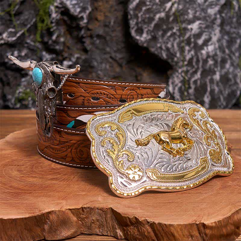 Gold Pferd DIY Gürtelschnalle Türkis Longhorn Bull Anhänger Bundle Set - Pferd - Brauner Federgürtel - 40 - image 0