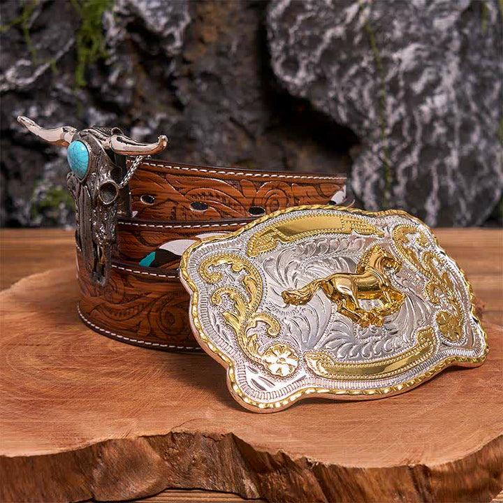 Gold Pferd DIY Gürtelschnalle Türkis Longhorn Bull Anhänger Bundle Set - Pferd - Brauner Federgürtel - 40 - image 0