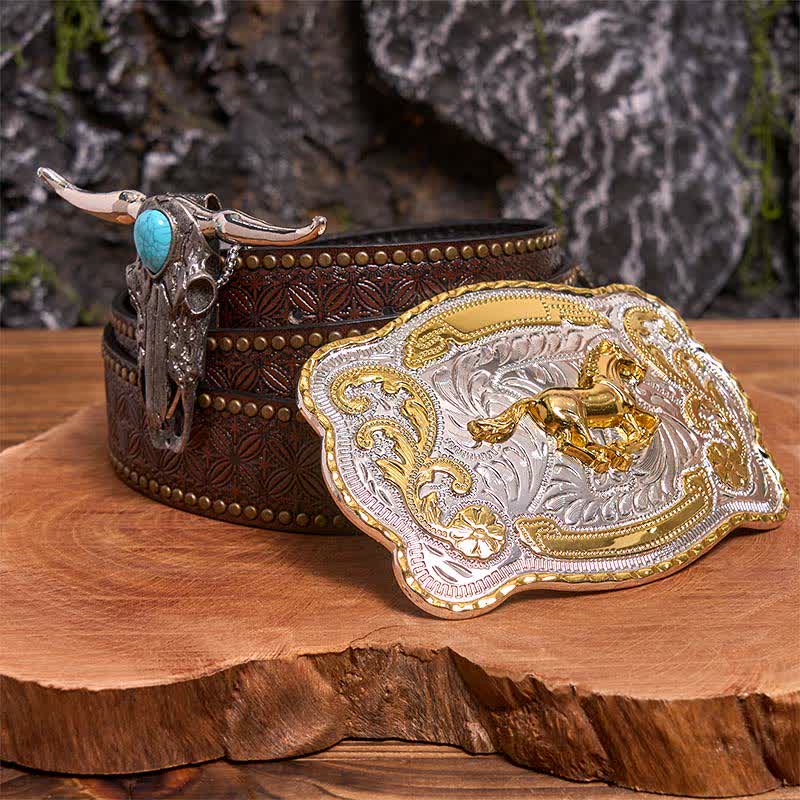 Gold Pferd DIY Gürtelschnalle Türkis Longhorn Bull Anhänger Bundle Set - Pferd - Brauner Nietengürtel - 42 - image 5