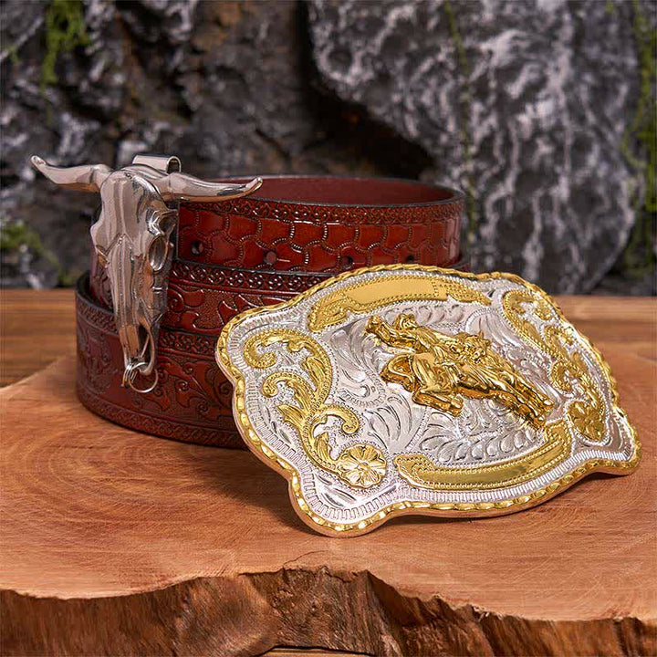 Reiten DIY Gürtelschnalle Longhorn Bull Anhänger Bundle Set - Pferd - Brauner geschnitzter Gürtel - 42 - image 7