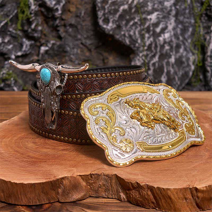 Reiten DIY Gürtelschnalle Türkis Longhorn Bull Anhänger Bundle Set - Reiten - Brauner Nietengürtel - 42 - image 5