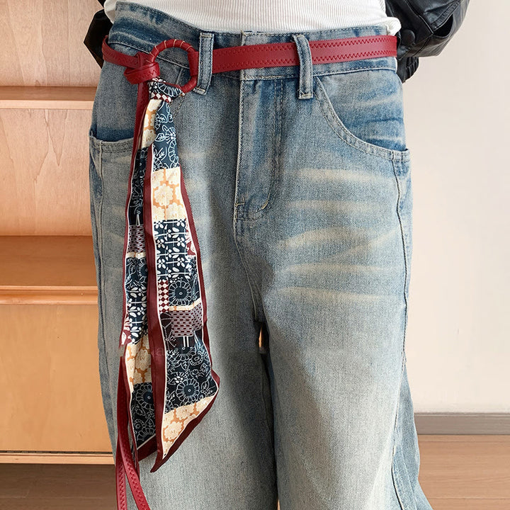 Modischer Damen-Seidengürtel aus Leder mit Aufdruck - Rot - image 2