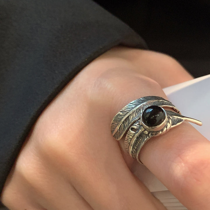 Vintage Silber Emaille Schwarz Tropfen Feder Ring - image 1