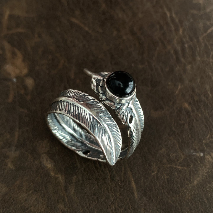 Vintage Silber Emaille Schwarz Tropfen Feder Ring - Silber - Einstellbar - image 0