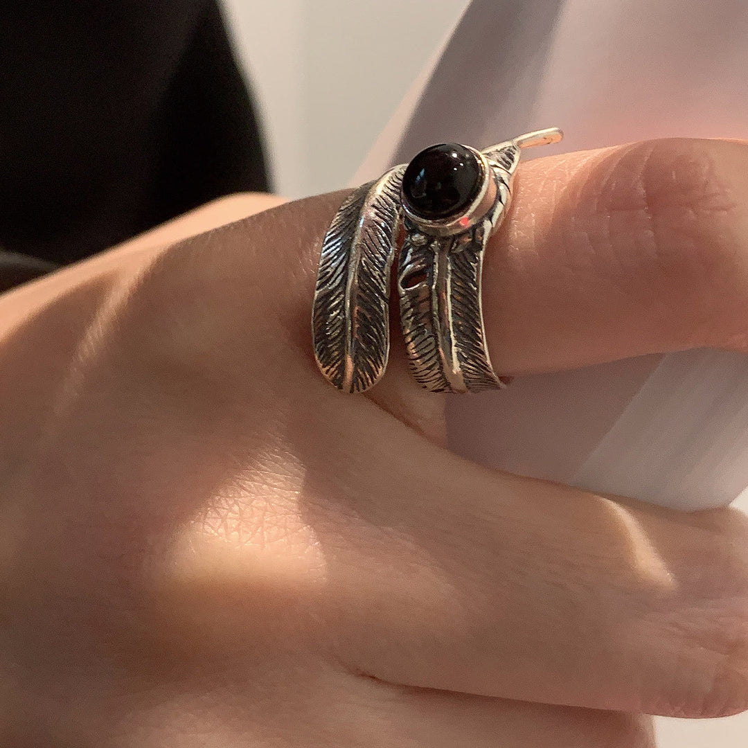 Vintage Silber Emaille Schwarz Tropfen Feder Ring - image 2