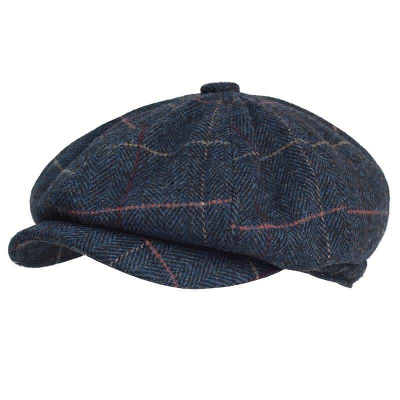Achteckige Baskenmütze aus warmer Wollmischung mit Fischgrätenmuster und Karomuster - Marine - Einstellbar (22 1/2"-23 5/8") - image 0