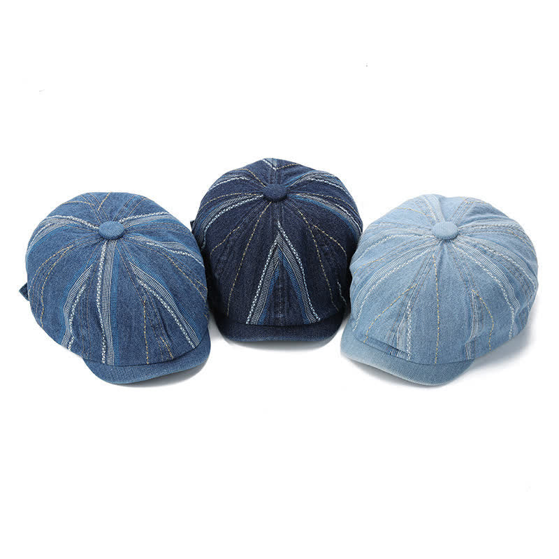 Achteckige Baskenmütze aus Denim mit gestreifter Ballonmütze - image 1
