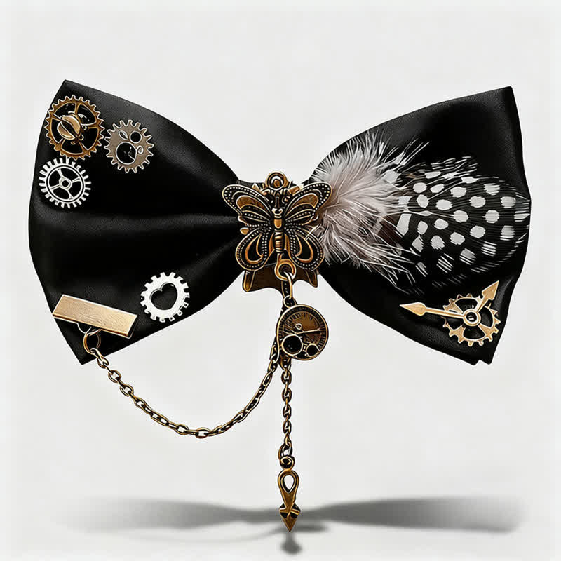 Fliege im Steampunk-Stil mit Zahnrädern und weißen Punkten und Federn - Schwarz - image 0