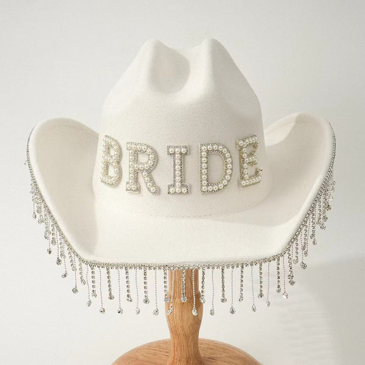 Exquisiter Cowboyhut BRIDE mit Perleneinlage und Quaste - Weiß - Einstellbar (ca. 21 5/8"-23 1/4") - image 2