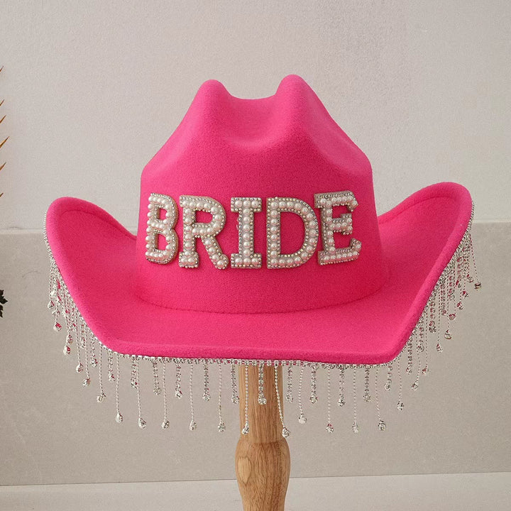Exquisiter Cowboyhut BRIDE mit Perleneinlage und Quaste - Rot - Einstellbar (ca. 21 5/8"-23 1/4") - image 5