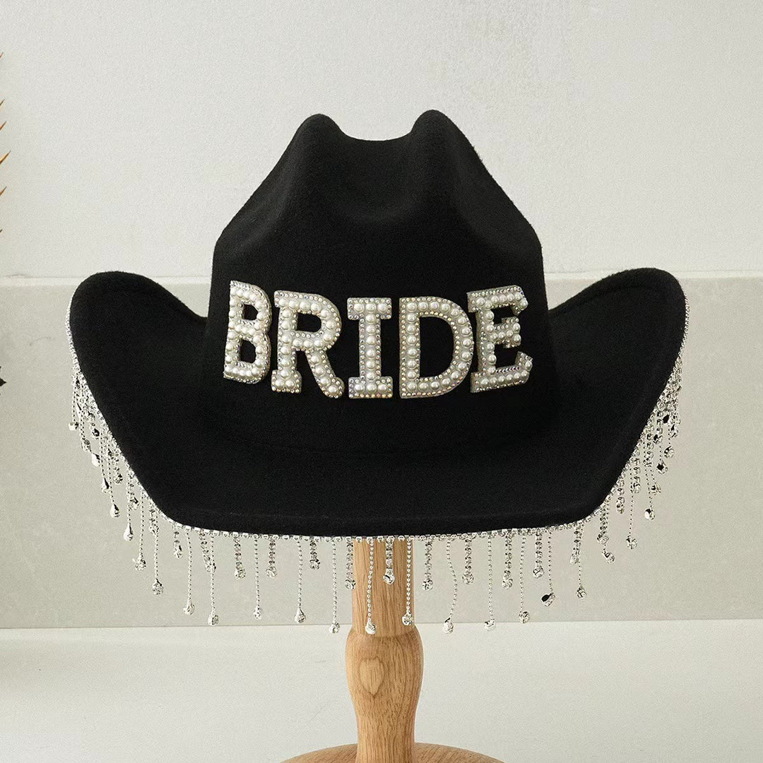 Exquisiter Cowboyhut BRIDE mit Perleneinlage und Quaste - Schwarz - Einstellbar (ca. 21 5/8"-23 1/4") - image 3