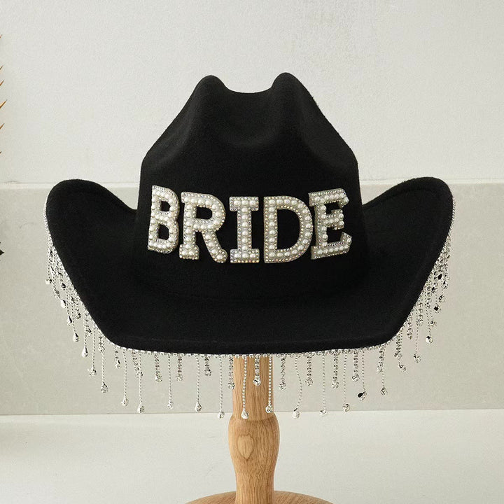 Exquisiter Cowboyhut BRIDE mit Perleneinlage und Quaste - Schwarz - Einstellbar (ca. 21 5/8"-23 1/4") - image 3