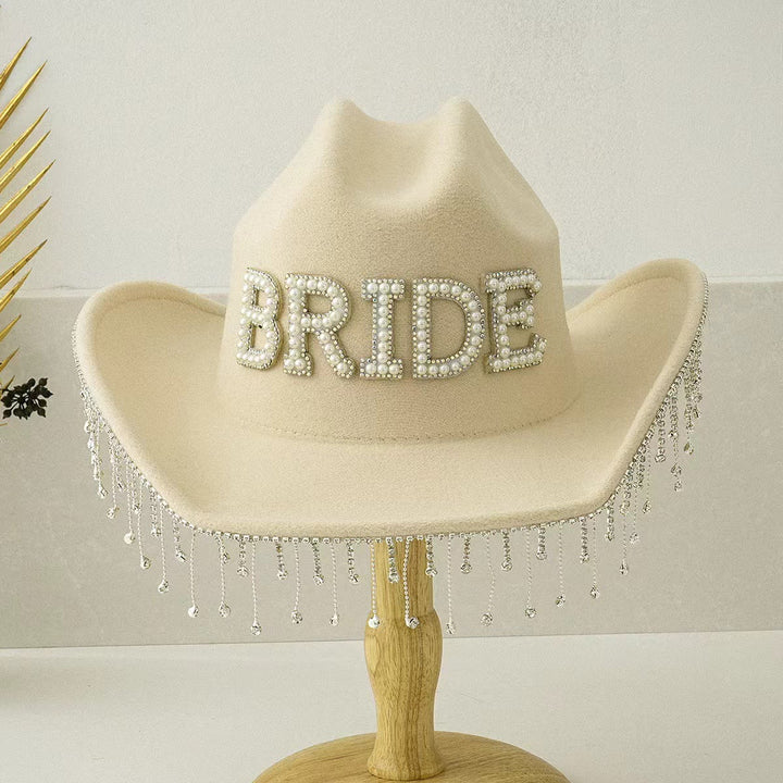 Exquisiter Cowboyhut BRIDE mit Perleneinlage und Quaste - Sekt - Einstellbar (ca. 21 5/8"-23 1/4") - image 4