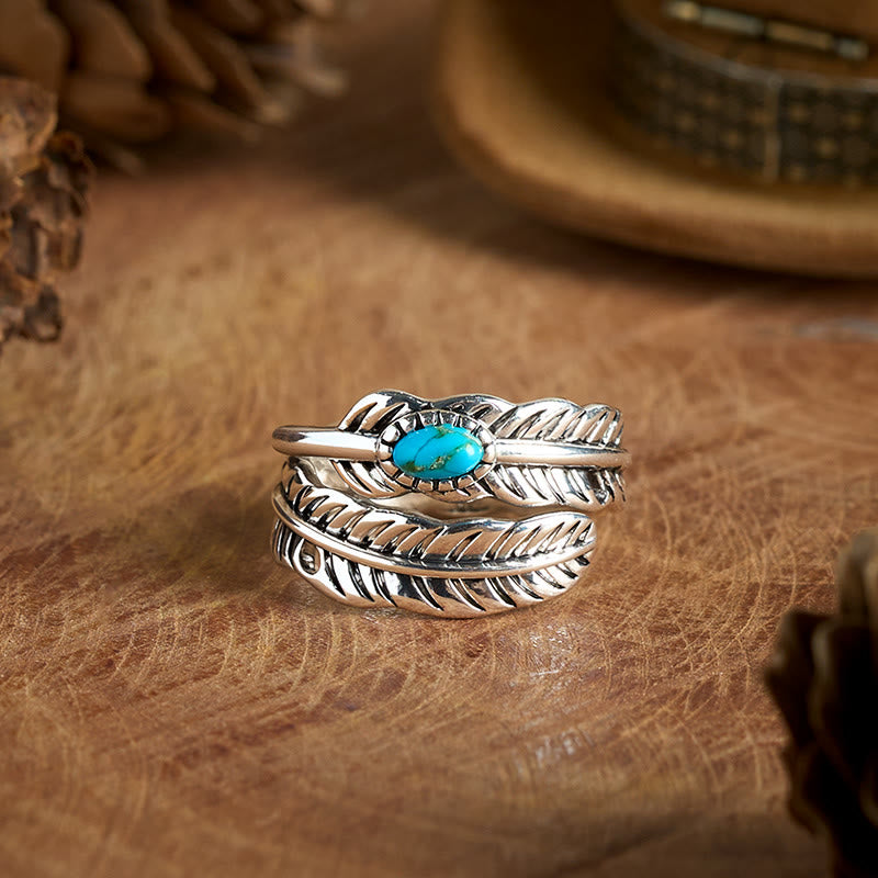 Silberner Ring mit eingelegter türkisfarbener Feder im Bohème-Stil - Silber - Einstellbar - image 0