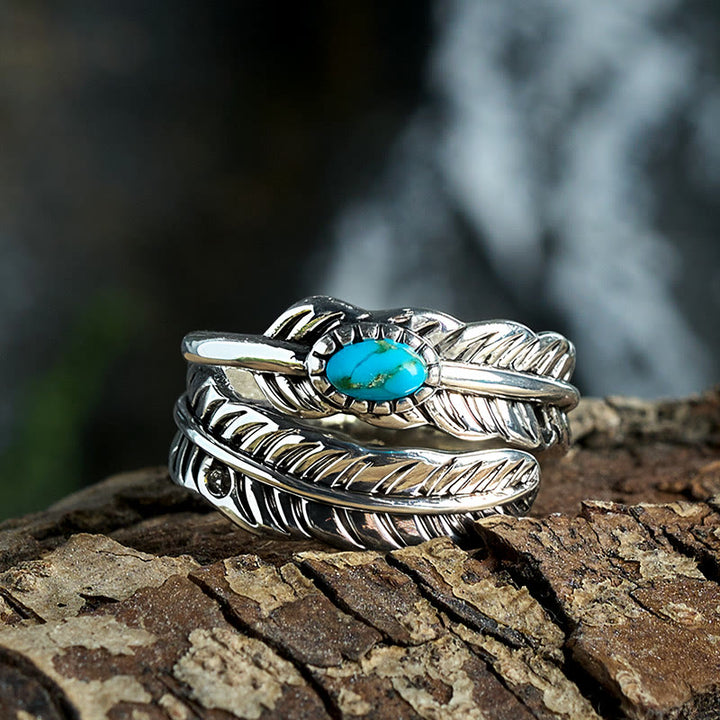 Silberner Ring mit eingelegter türkisfarbener Feder im Bohème-Stil - image 4