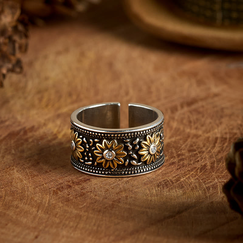 Verstellbarer Retro-Ring mit silberfarbener, schwarzer Blume - Silber - Einstellbar - image 0