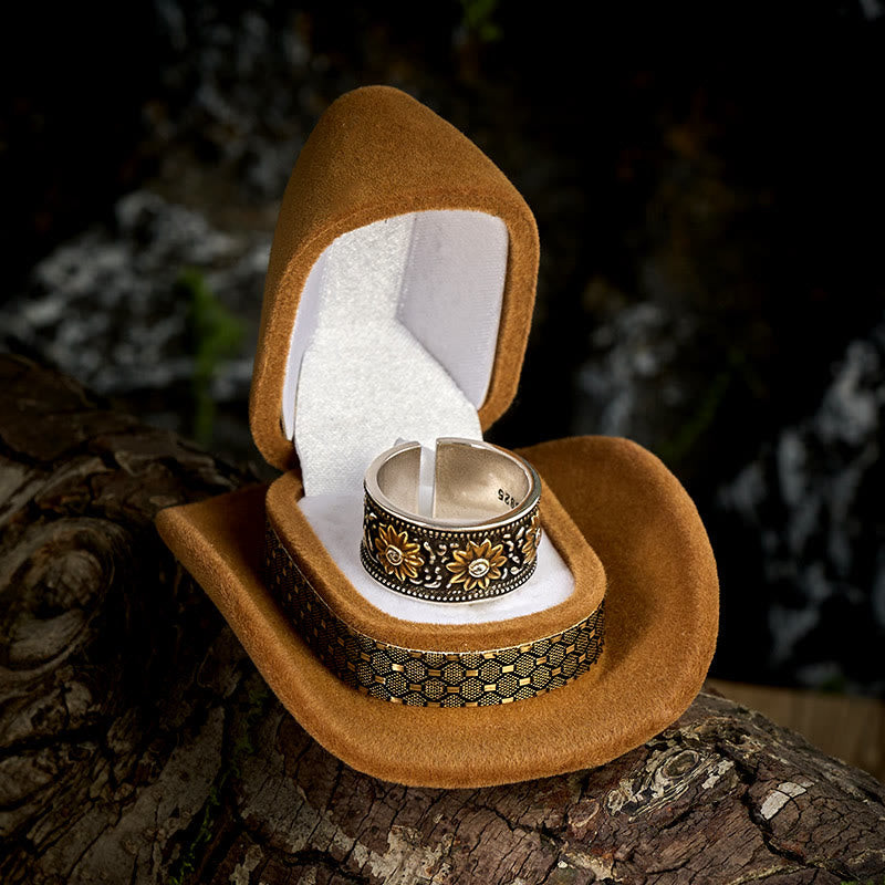 Verstellbarer Retro-Ring mit silberfarbener, schwarzer Blume - image 2