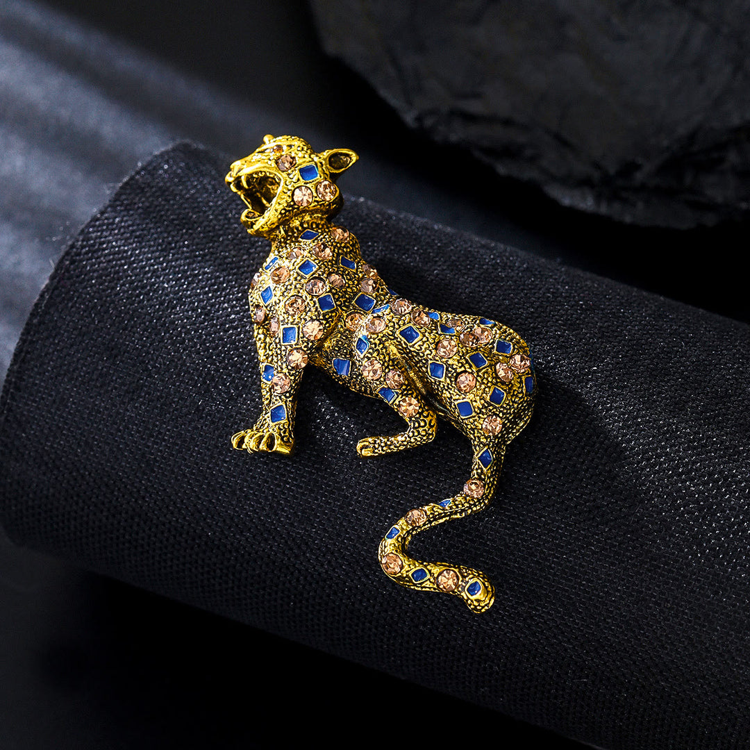 Goldene, diamantbesetzte, blaue, quadratische Leopardenbrosche - Golden - image 0