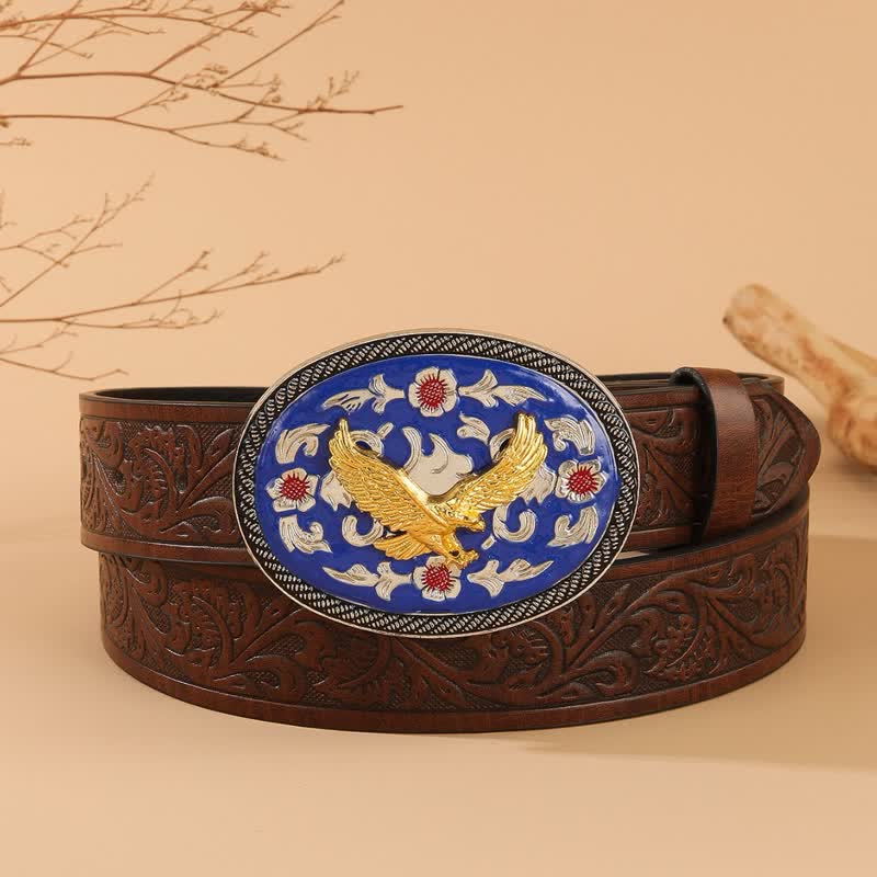 Gold Eagle Blau gefärbte Schnalle Ledergürtel mit Blumenprägung - Blau & Gold - 40 - image 0