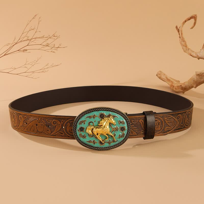 Gold Horse Ledergürtel mit türkisfarbener Schnalle und Pferdeprägung - image 3
