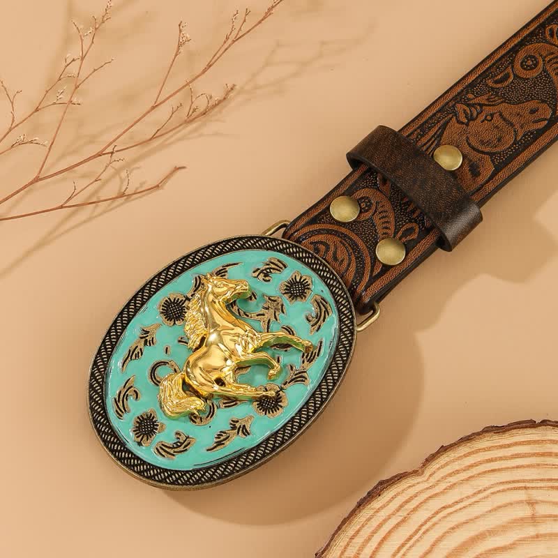 Gold Horse Ledergürtel mit türkisfarbener Schnalle und Pferdeprägung - image 1