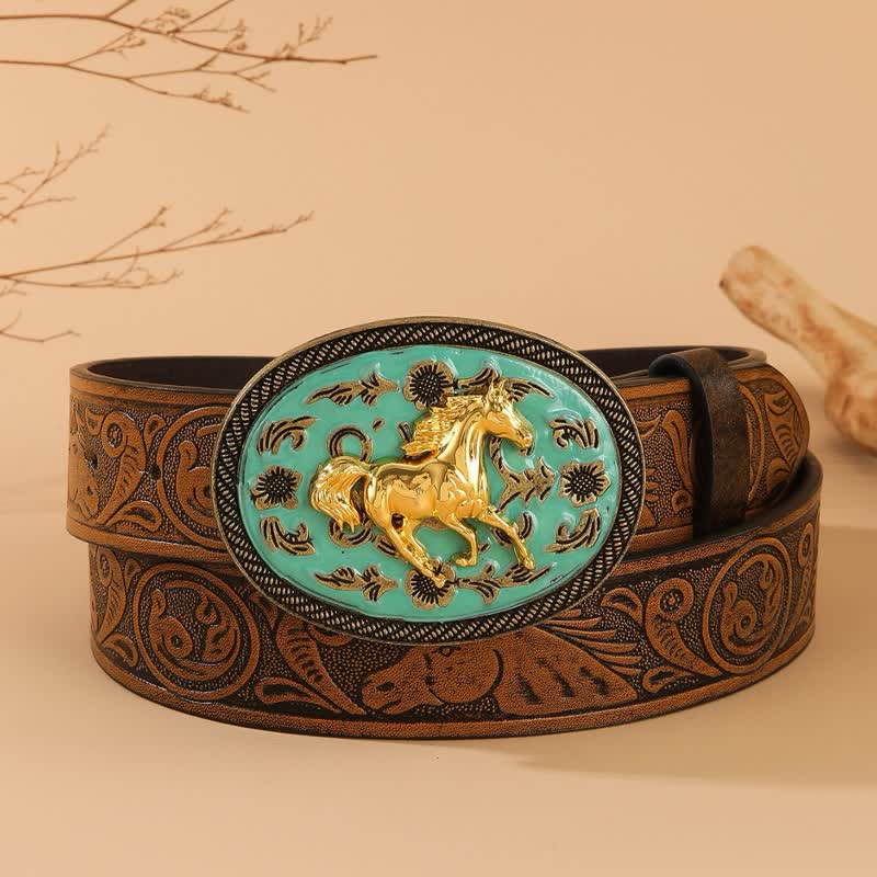 Gold Horse Ledergürtel mit türkisfarbener Schnalle und Pferdeprägung - Türkis & Gold - 40 - image 0