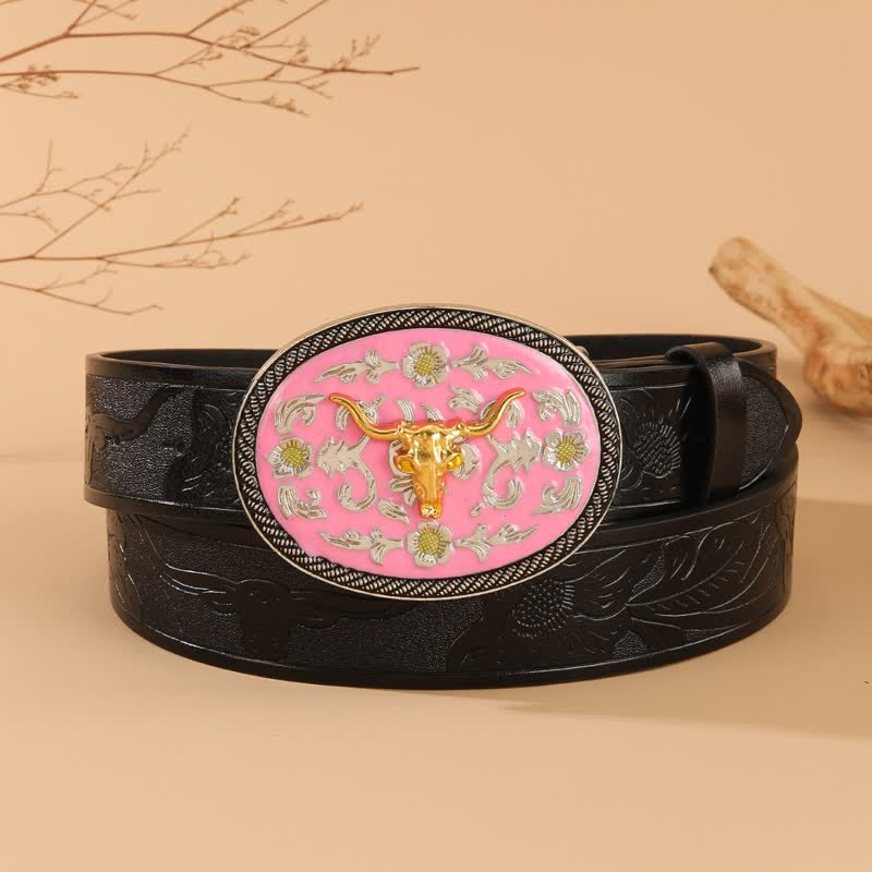 Rosafarbener Ledergürtel mit geprägter Schnalle und Stiermotiv - Pink & Gold - 40 - image 0
