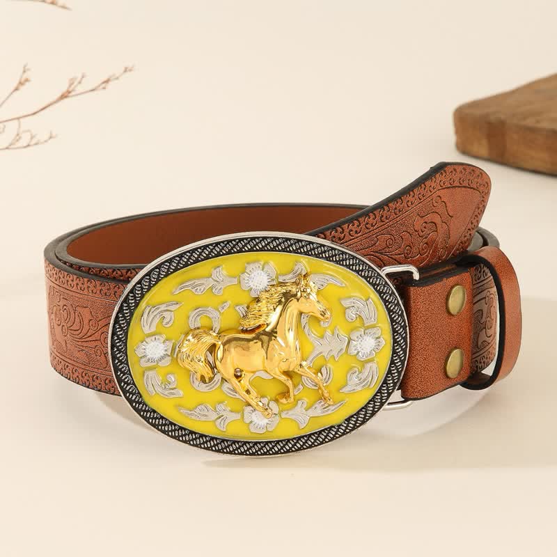 Gelber Ledergürtel mit geprägter Schnalle und Running Horse - Pink & Gold - 40 - image 0