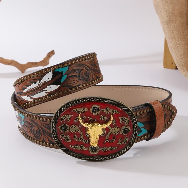 Longhorn Bull Dunkelroter Ledergürtel mit Federnietenschnalle - Dunkelrot & Gold - 38 - image 0