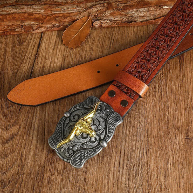 Herren quadratischer Gürtel aus goldenem Longhorn-Bullenleder