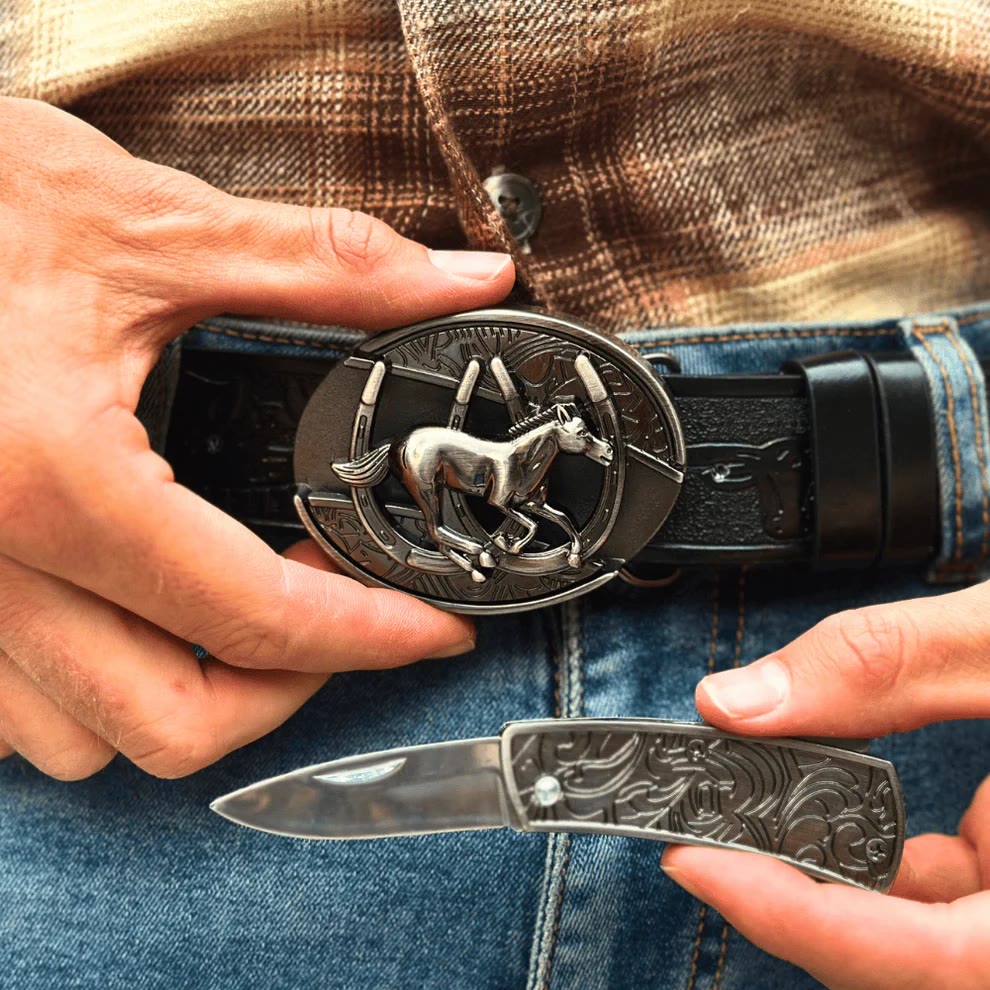 Herren DIY Galoppierendes Pferd Verstecktes Klappmesser Ledergürtel - image 5
